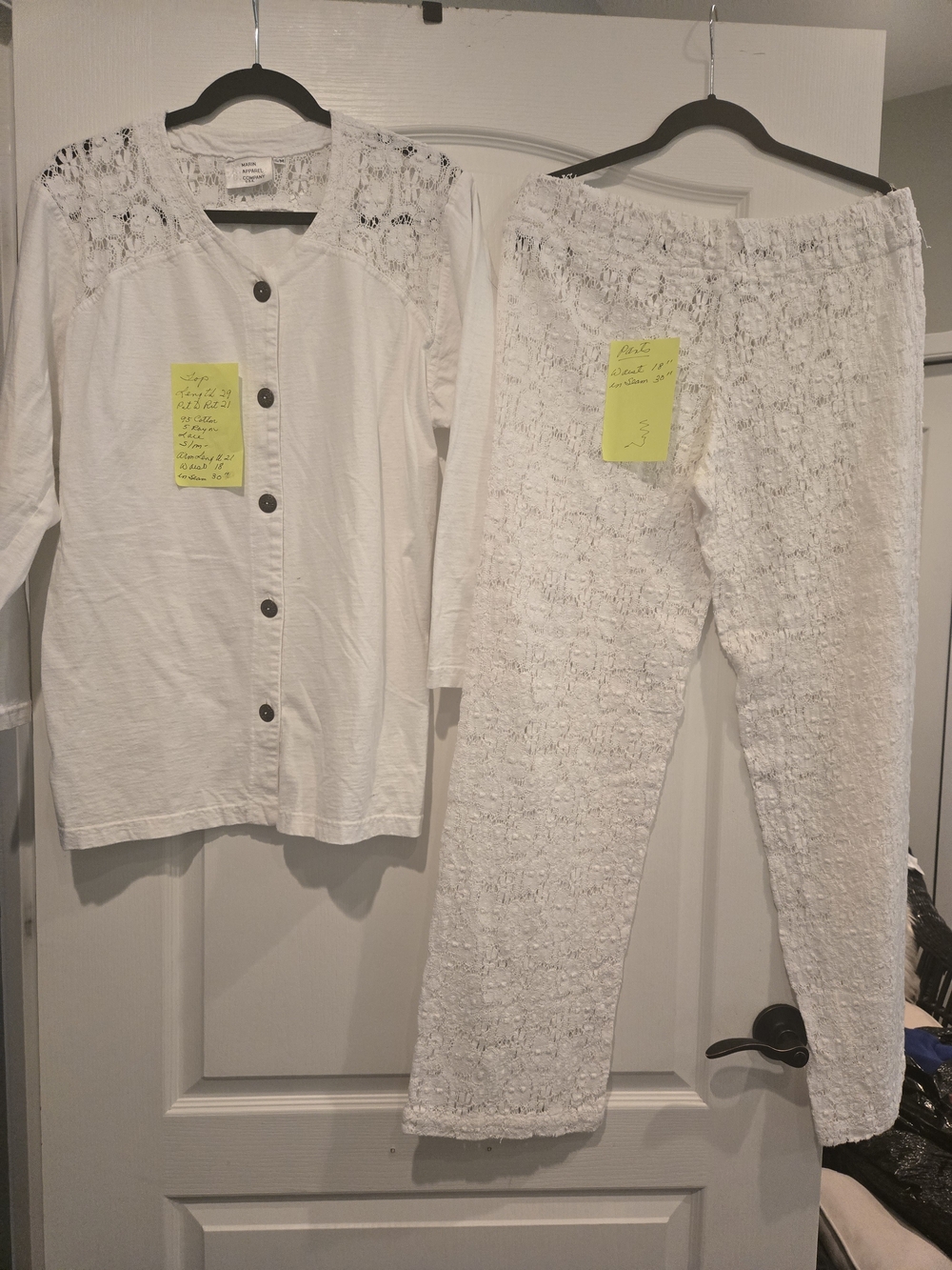 White Lace-Yoke Button Front Top & pants Set.By Marin Apparel Co USA
